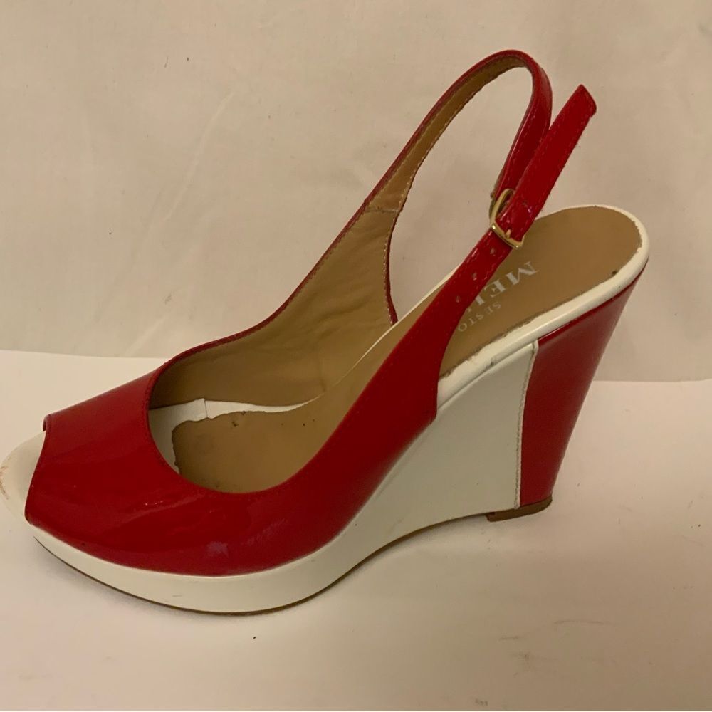 Sesto Meucci Italy Wedge Heels Slingback Red white  Sandal Shoes Size 6.5 M